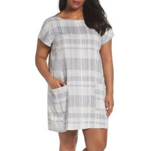 Eileen Fisher Shift Dress 3X Organic Linen & Cotton Gray Plaid Pockets Plus
